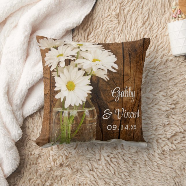 Mason Jar and White Daisies Country Barn Wedding Throw Pillow (Blanket)