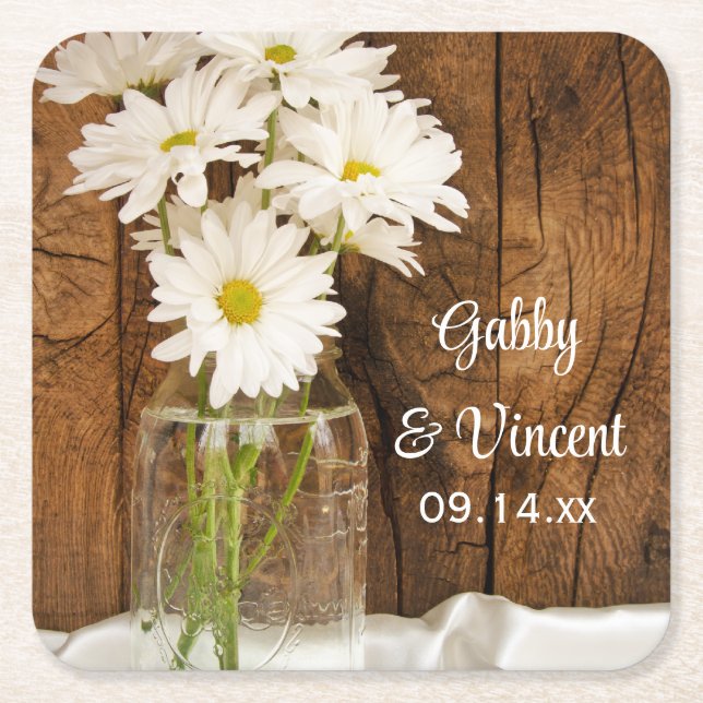 Mason Jar and White Daisies Country Wedding Square Paper Coaster (Front)