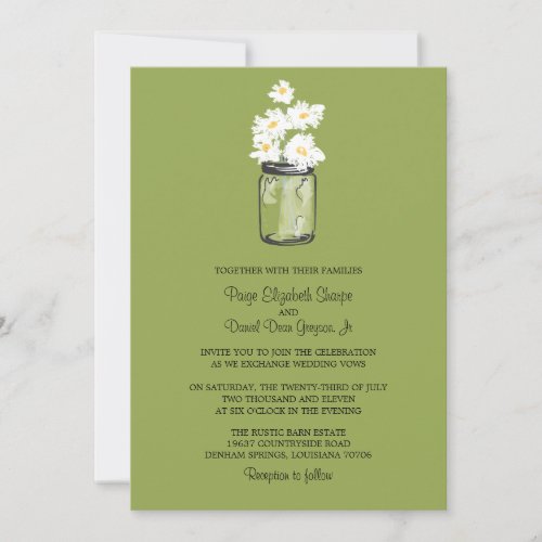 Mason Jar and White Daisies  Green Wedding Invitation
