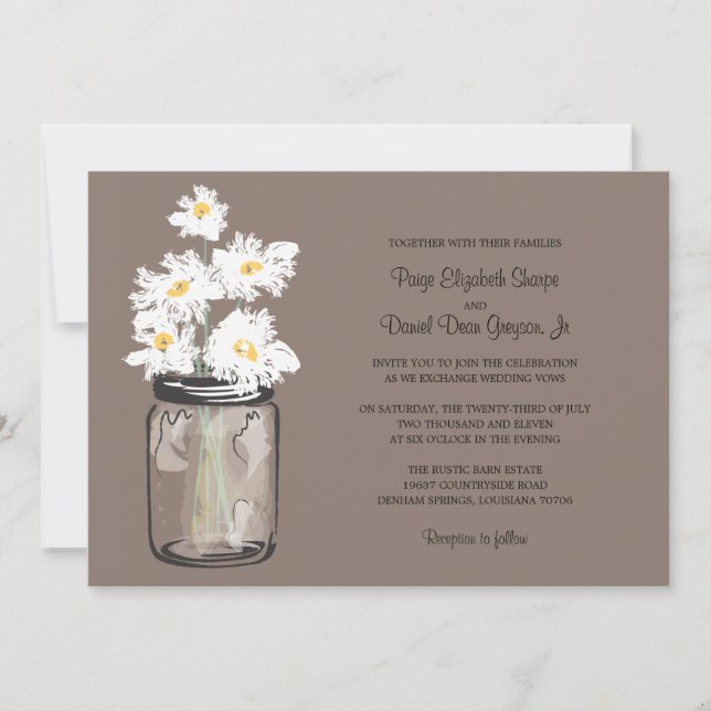 Mason Jar  and White Daisies Wedding Invitation (Front)