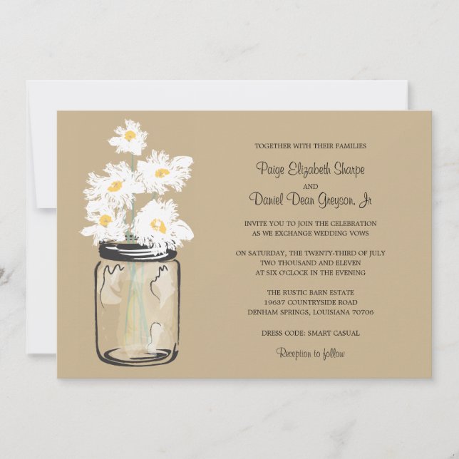 Mason Jar  and White Daisies Wedding Invitation (Front)