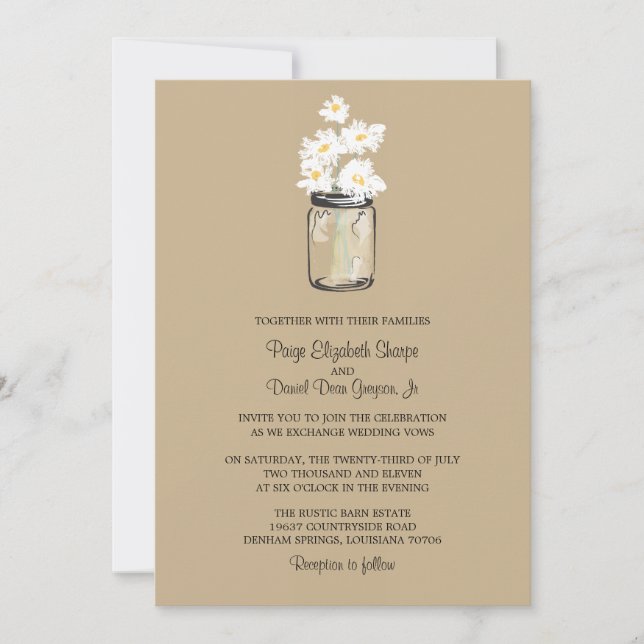 Mason Jar  and White Daisies Wedding Invitation (Front)