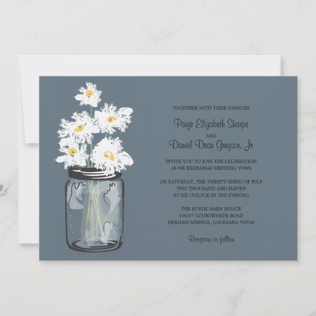 Mason Jar  and White Daisies Wedding Invitation (Front)