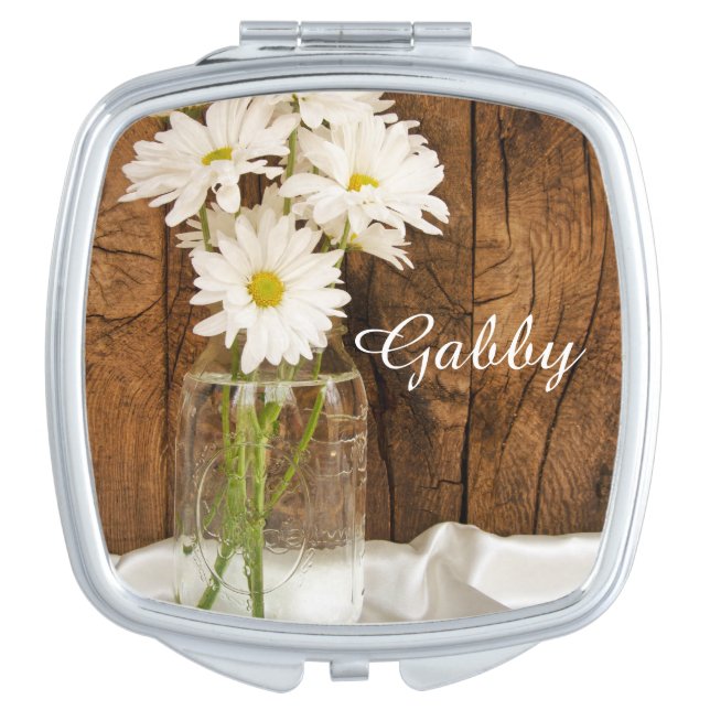 Mason Jar and White Daisies Wedding Makeup Mirror (Front)
