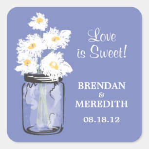 Mason Jar and White Daisies Wedding Square Sticker