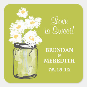 Mason Jar and White Daisies Wedding Square Sticker
