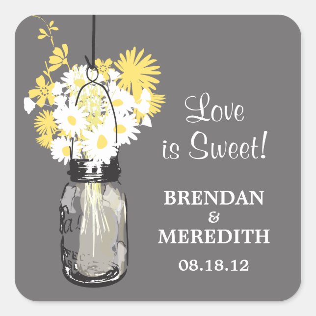 Mason Jar and White Daisies Wedding Square Sticker (Front)