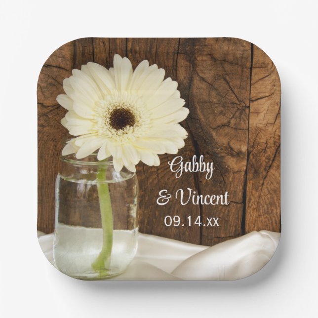 Mason Jar and White Daisy Country Barn Wedding Paper Plates (Front)