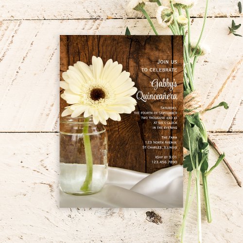 Mason Jar and White Daisy Quinceaera Invitation