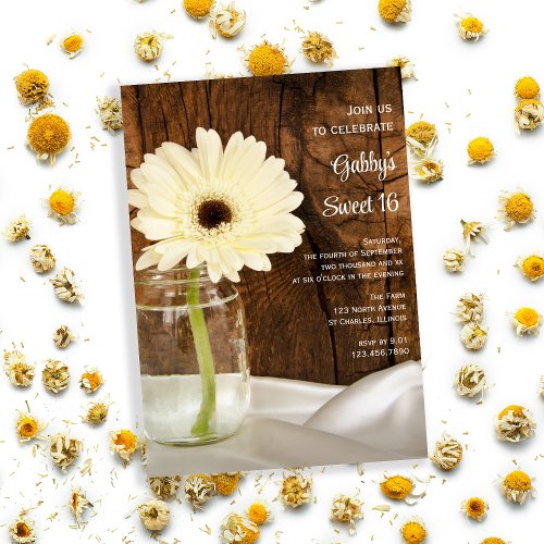 Mason Jar and White Daisy Sweet 16 Birthday Party Invitation