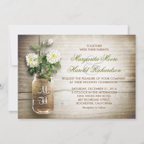 Mason jar and white flowers wedding invitations