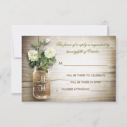 Mason jar and white flowers wedding RSVP card