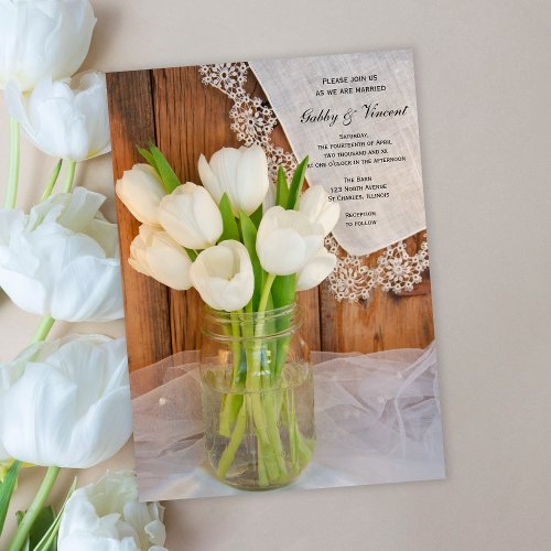 Mason Jar and White Tulips Country Barn Wedding Invitation