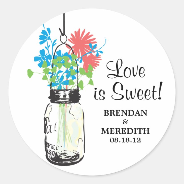 Mason Jar and Wildflowers Wedding Classic Round Sticker (Front)