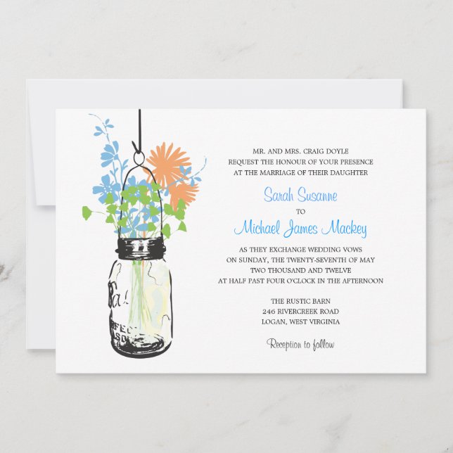 Mason Jar and Wildflowers Wedding Invitations (Front)