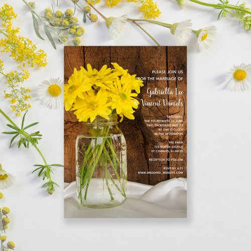 Mason Jar and Yellow Daisies Country Barn Wedding Invitation