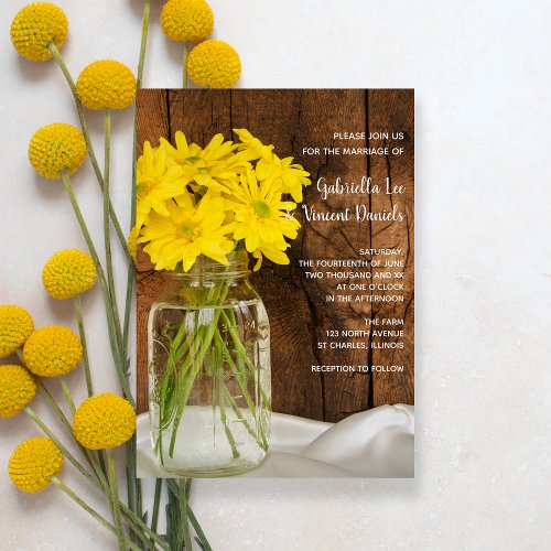 Mason Jar and Yellow Daisies Country Barn Wedding Invitation