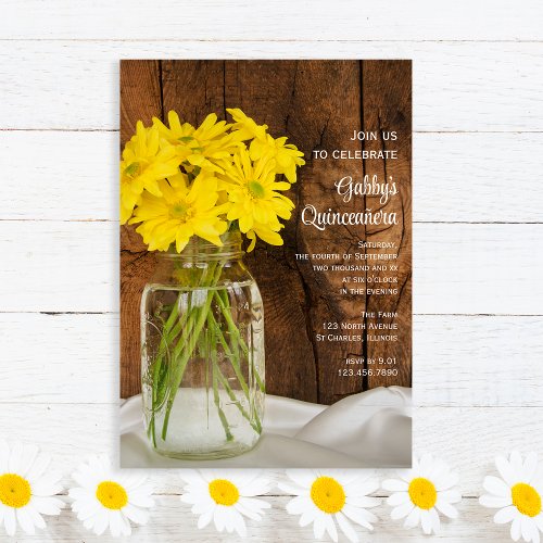 Mason Jar and Yellow Daisies Quinceaera Invitation