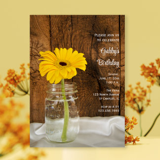 Mason Jar and Yellow Daisy Barn Birthday Party Invitation