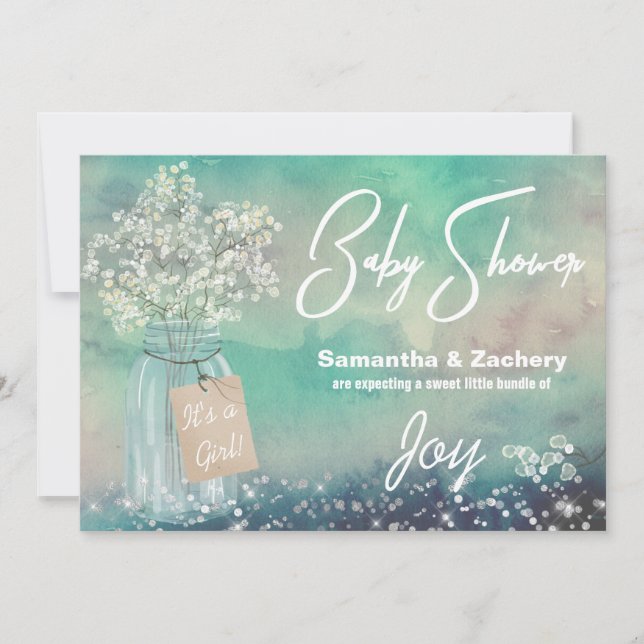 *~* Mason Jar  Baby Breath Baby Shower Rustic Invitation (Front)