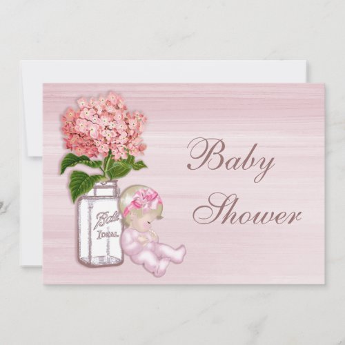Mason Jar Baby Girl Pink Hydrangea Baby Shower Invitation