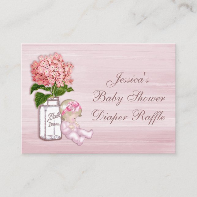 Mason Jar, Baby Girl, Pink Hydrangea Diaper Raffle Enclosure Card (Front)
