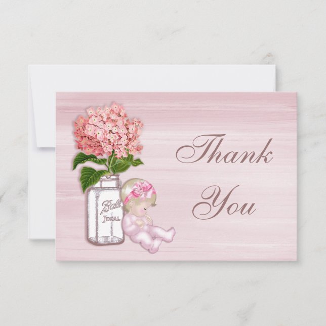 Mason Jar, Baby Girl, Pink Hydrangea Thank You Card (Front)