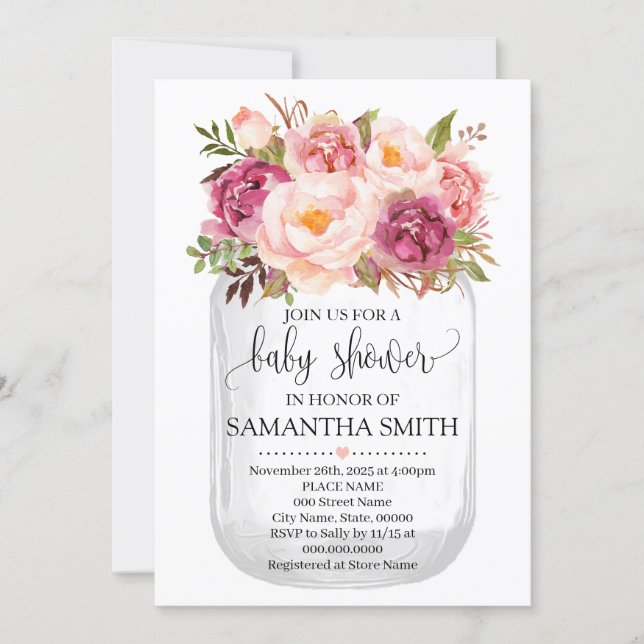 Mason jar baby shower Pink floral country chic Invitation (Front)