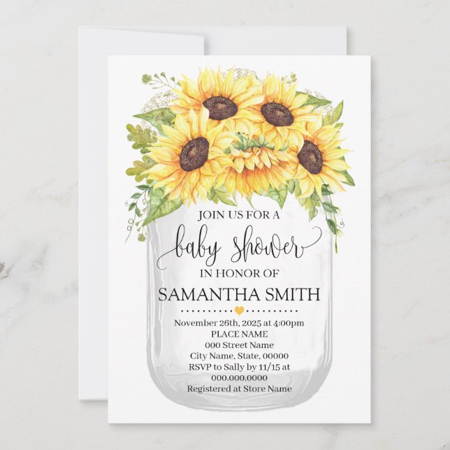 Mason jar baby shower sunflowers country chic invitation (Front)