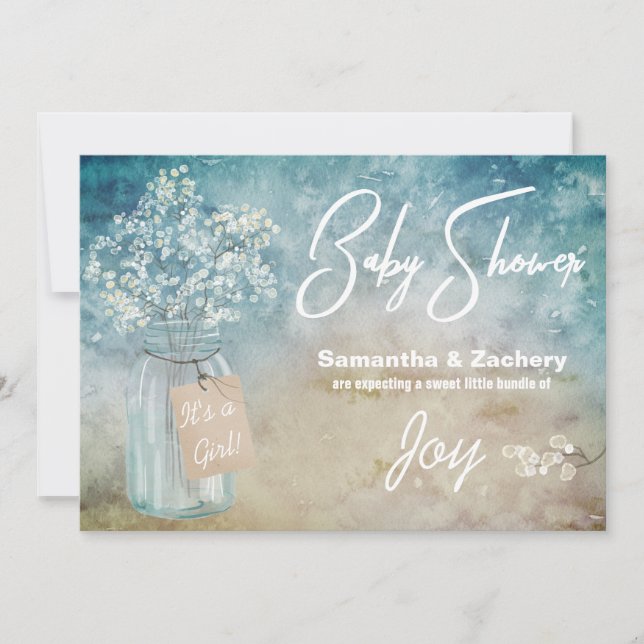 *~* Mason Jar Baby's Breath Baby Shower Rustic Invitation (Front)