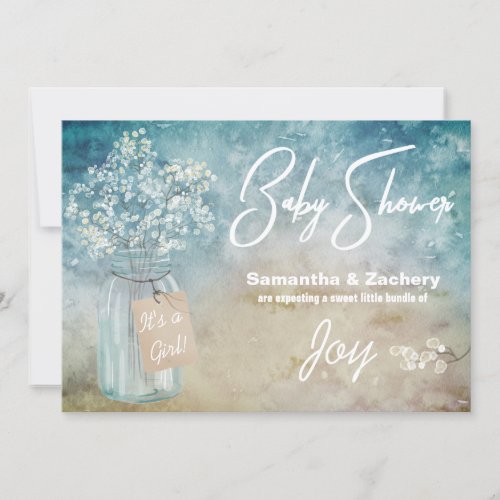 *~* Mason Jar Baby&#39;s Breath Baby Shower Rustic Invitation