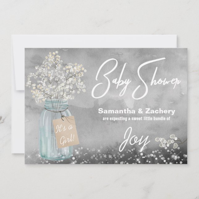 *~* Mason Jar Baby's Breath Rustic Baby Shower Invitation (Front)