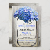Mason Jar Barn Wood Blue Hydrangeas Bridal Shower Invitation (Front/Back)