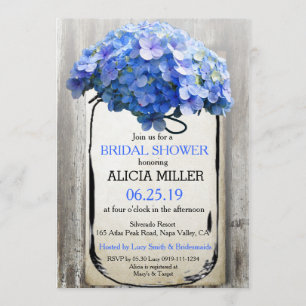 Mason Jar Barn Wood Blue Hydrangeas Bridal Shower Invitation