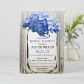Mason Jar Barn Wood Blue Hydrangeas Bridal Shower Invitation (Standing Front)