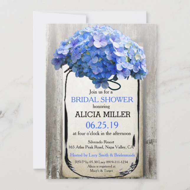 Mason Jar Barn Wood Blue Hydrangeas Bridal Shower Invitation (Front)