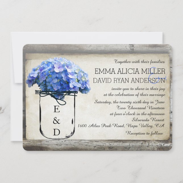 Mason Jar Barn Wood Blue Hydrangeas Wedding Invite (Front)