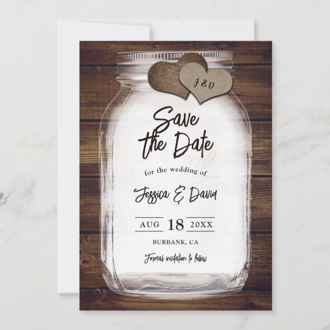 Mason Jar Barn Wood Burlap Hearts Monogram Wedding Save The Date (Front)