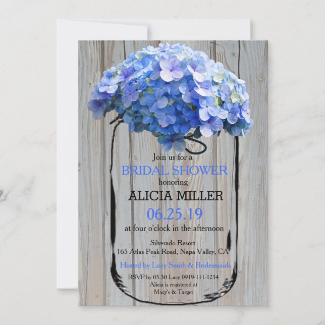 Mason Jar Barnwood Blue Hydrangeas Bridal Shower Invitation (Front)