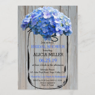 Mason Jar Barnwood Blue Hydrangeas Bridal Shower Invitation