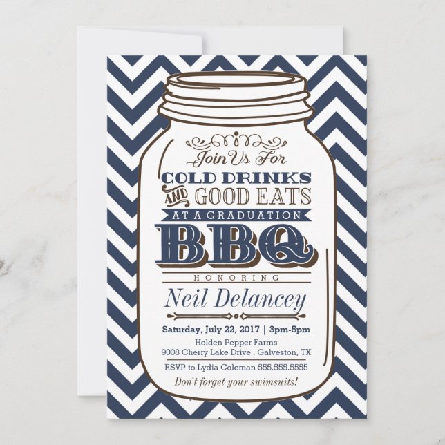 Mason Jar BBQ Graduation Invitation, Chevron Navy Invitation (Front)