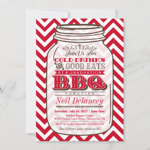 Mason Jar BBQ Graduation Invitation, Chevron Red Invitation