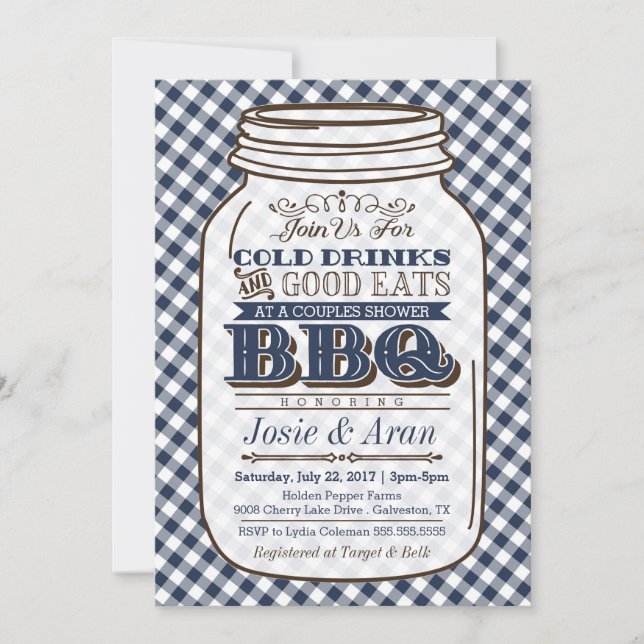 Mason Jar BBQ Invitation, Couples Shower Navy Blue Invitation (Front)