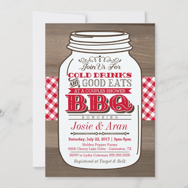 Mason Jar BBQ Invitation, Couples Shower on Wood Invitation (Front)