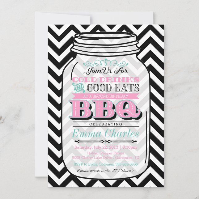 Mason Jar Birthday BBQ Invitation, Child or Adult Invitation (Front)