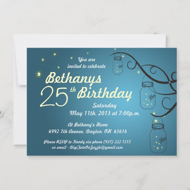 Mason Jar Birthday Invitation in Teal / Blue (Front)