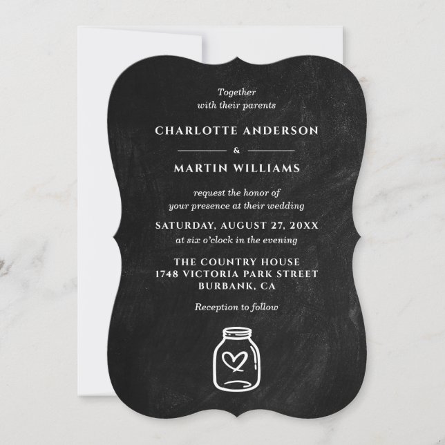 Mason Jar Black Chalkboard Rustic Country Wedding Invitation (Front)