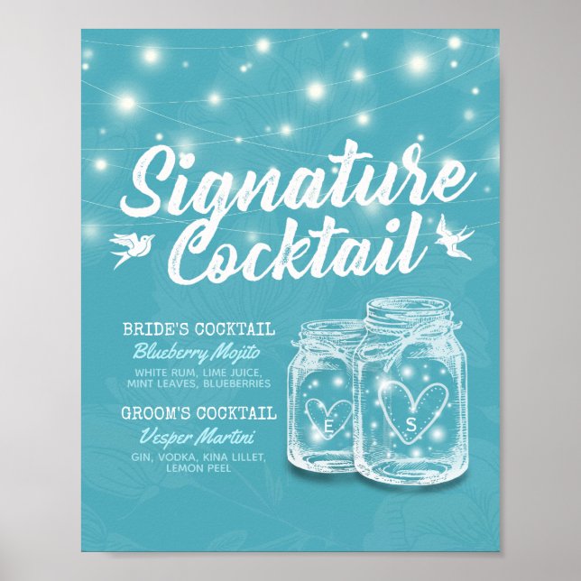 Mason Jar Blue Floral Wedding Signature Drink Menu Poster (Front)