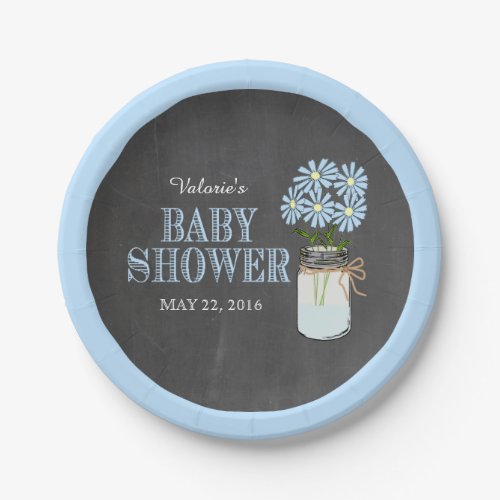 Mason Jar Blue Flowers Chalkboard Baby Shower Paper Plates