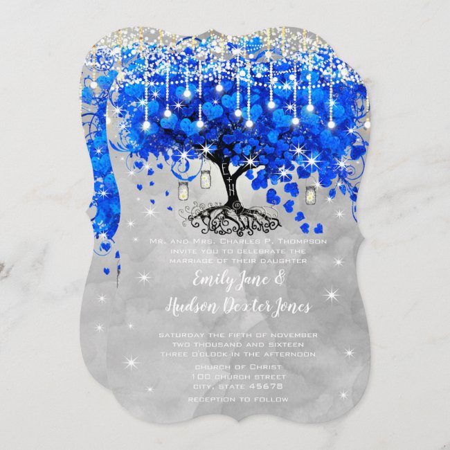 Mason Jar Blue Heart Leaf Tree Gray Watercolor Invitation